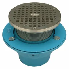 General purpose floor drain with a cast iron body and a nickel bronze, slotted, round top assembly. Designed for 3 in nominal pipe size. Suitable for collecting and removing surface water and washdown fluids in commercial and industrial floor areas.