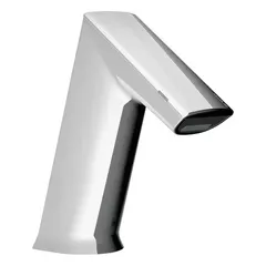 Cast zinc construction with chrome finish. Hardwired with laminar flow and battery backup using four AA alkaline batteries. For touch-free operation in commercial restrooms.