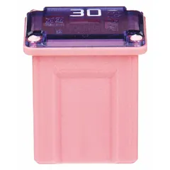 Female time-delay cartridge fuse rated 30 A at 32 V DC. Pink color, part of FMX series, equivalent to JCAS series. Designed for automotive circuits requiring slow-blow protection against temporary current surges.