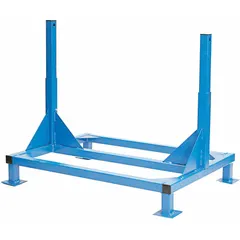 This stainless steel pedestal base provides a stable mounting platform for industrial fans. It measures 28 1/2 inches long by 41 1/2 inches wide and features a blue powder-coated finish. Installation instructions are included.