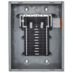 Indoor main lug load center rated 125A, 120/240V AC, 1-phase, with a 65kA short-circuit current rating. Provides 20 spaces and accepts up to 4 tandem breakers. Convertible design with plug-on neutral; enclosure cover ordered separately.