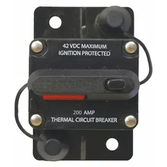 Surface mount automotive circuit breaker with stud terminal connection. Rated for 42V DC and interrupt rating of 200 A at 12V DC. Provides overcurrent protection for electrical systems in vehicles and marine applications.