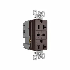 This weather-resistant duplex receptacle provides a 5-15R outlet and two USB ports, including USB Type C, for charging devices. Rated 125V AC and 20A, it is suitable for indoor and outdoor applications where AC power and USB charging are needed. The brown finish allows integration with various decor styles.