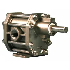 This pedestal-mount rotary gear pump features a stainless steel body with 3/4" FNPT ports and delivers 10.2 gpm. It is designed for transferring clean, non-abrasive fluids in industrial applications such as lubrication, hydraulic systems, and chemical processing. The pump does not include a relief valve.