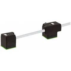 Double-valve solenoid connector cordset with two DIN Form A female right-angle connectors and bare wire termination. Features a 3-meter gray PVC cable, 18 AWG wire, IP67 protection, and 110 mm DIN connector spacing. Used for connecting solenoid valves in industrial automation systems.