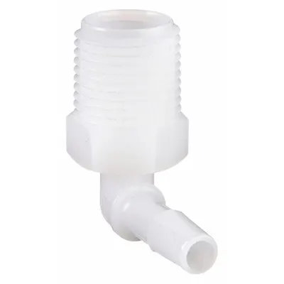 ELDON JAMES Barbed Fitting Elbow: Barbed/Threaded, 1/4 in ID x 3/8 in Pipe Fitting Size - Polyethylene Barbed Tube Fittings