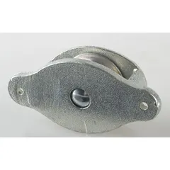 This side-mount pulley block is designed for lifting and pulling applications. It features a steel construction with a bolt-on, sleeve-type mounting for secure attachment to structural supports. Commonly used in rigging and material handling systems to redirect or guide rope or cable under load.