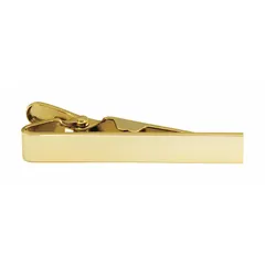 Metal tie clip, collar pin, and shirt keeper with a gold finish. Measures 5/16 in x 2 in. Used to secure neckties and keep collars neat in professional and formal attire.