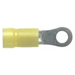 Yellow vinyl-insulated ring terminal for 12 AWG to 10 AWG wire with a 1/2-inch stud size. Provides secure electrical connections in control panels, machinery, and industrial equipment for power and signal circuits.