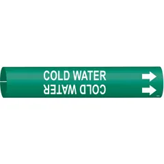 This snap-on pipe marker identifies cold water pipes, featuring a green background with white legend text. It fits pipe outer diameters from 1-1/2 to 2-3/8 inches and includes directional arrows for flow indication. Suitable for use in industrial, commercial, and facility piping systems to aid in pipe content identification and safety compliance.