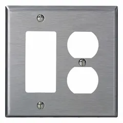 General-purpose wall plate for duplex outlets. Constructed of stainless steel. 2-gang midsize design fits standard two-receptacle configurations. Provides a clean finish and protects outlet boxes from dust and debris in indoor electrical installations.