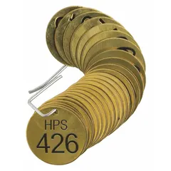 Brass valve tags with 1-1/2 in diameter and 0.04 in thickness. Each tag is stamped with HPS (High Pressure Steam) legend and sequential numbers 451-475. Supplied in a 25-pack for identifying high-pressure steam valves in industrial piping systems.
