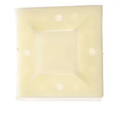 Natural-colored hook-and-loop cable tie mount measuring 2 in L x 2 in W x 0.26 in H. Features a 0.13 in slot height and #8 screw mount hole for secure attachment. Designed for use with cable ties up to 50 lb tensile strength. Suitable for organizing and securing cables in control panels, machinery, and electrical installations.