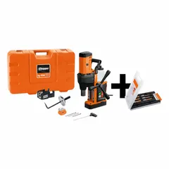 This standard magnetic drill press uses an electric magnet to secure to ferrous surfaces for drilling operations. It operates at a fixed 620 RPM, with a Weldon spindle connection and 4 3/16 in drill travel. Powered by 120V AC, it is suited for fabrication and metalworking tasks on structural steel and heavy equipment.