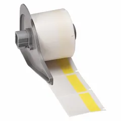 This precut label roll from Brady is designed for use with the BMP71 printer series and requires M7-R4300 ribbon. Each label measures 1 1/2 in x 1 1/2 in and is made of vinyl with a matte yellow finish. The roll contains 250 labels, suitable for identification of wires, cables, and small cylindrical surfaces in industrial settings.