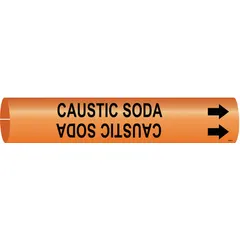 Orange snap-on pipe marker with black legend text reading 'Caustic Soda' and directional arrows. Fits pipe outer diameters from 3/4 to 1-3/8 inches. Used to identify pipes carrying caustic soda in industrial piping systems.