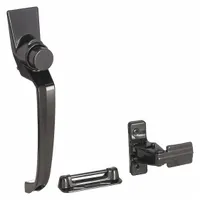 This black screen door latch is designed for securing screen doors in commercial and industrial settings. It measures 1 11/16 inches in height, 7 1/4 inches in length, and 1 1/2 inches in width. Suitable for use in warehouses, plants, and maintenance areas where reliable closure is required