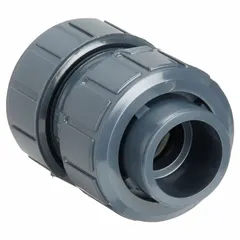 This ASAHI ball check valve features a PVC inline valve body with true union socket connections for 1 1/4 in pipe size. It allows flow in one direction while preventing backflow, suitable for use in piping systems handling corrosive fluids, water treatment, and chemical processing.