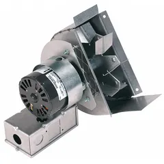 Pipe-mount exhaust draft inducer for natural gas furnaces, designed to improve exhaust flow in vent systems. Fits 8 in to 12 in pipe, delivers 1.86 cfm at 0.0 in SP. Includes pressure sensing tube, steel wheel, operates at 115V AC, 3.9 A, 60 Hz. cETLus Listed.
