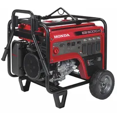 Gasoline-powered conventional generator delivering 4500 W running and 5000 W starting power at 120/240V AC. Includes GFCI outlets and Carbon Monoxide (CO) Shutdown for safety. Suitable for backup power at job sites, outdoor events, and emergency home standby.