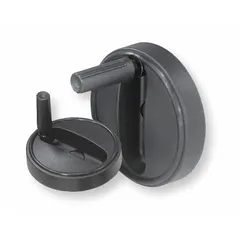 This solid hand wheel features a fold-away handle for space-saving operation and safe retraction when not in use. Made of black thermoplastic, it has a 100 mm diameter and a 1/2 in bore. Suitable for manual control and positioning in industrial machinery such as valves, clamping devices, and adjustment mechanisms.