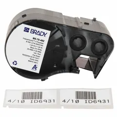 Thermal transfer precut label roll cartridge containing 100 rectangle labels, each 1 29/32 in x 1 in, made of Cryogenic Polyester. Designed for 4.0 mL vial/tube sizes and compatible with M511 printer series. Used for sample identification in laboratory and industrial settings.