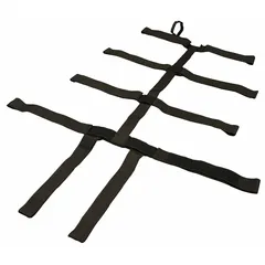 This Y-strap system is designed for securing patients to backboards during emergency medical transport. Made of black polypropylene webbing with plastic buckles, it provides a lightweight restraint solution for first responders and EMS teams.