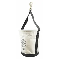 Canvas bucket bag in off-white, 13 inches high, with an open top and a single handle featuring a snap hook. Suitable for carrying tools and materials on job sites, the snap hook allows attachment to ladders or scaffolding for elevated work.