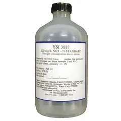 Lab-grade nitrate calibration solution for ion-specific sensors. 500 mL volume with 100 mg/L concentration. Used for calibrating nitrate measurement instruments in environmental and laboratory water testing applications.