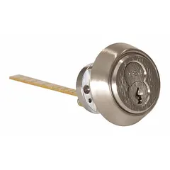 Rim cylinder with interchangeable core and chrome finish. Includes plate and 7-pin core. Used in rim-type lock assemblies for commercial door hardware applications where core interchangeability is required.