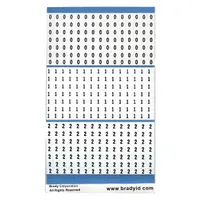 Preprinted wire marking label sheets with legends 0 to 9, black on white vinyl cloth. Each sheet contains 450 labels rated for -40°F to 176°F. Used for identifying wires and cables in electrical panels, machinery, and control systems