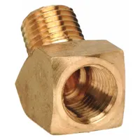 This 45° elbow is a threaded high-pressure pipe fitting for potable water systems. It connects two 1/4 in pipes at a 45-degree angle, allowing directional changes in plumbing lines. Made from CA2745 brass, it has a maximum operating pressure of 1,000 psi and a length of 1 in