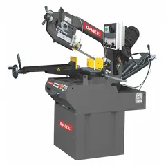 Mitering semi-automatic horizontal band saw with a cutting capacity of 10-1/2 in x 7-3/4 in. Operates on 115 to 230 V, 3-phase power, drawing 20.0 A. Mitering range from 45° left to 60° right. Suitable for cutting metal stock such as bars, tubes, and structural shapes in fabrication and manufacturing settings.