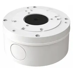 Aluminum junction box in ivory finish for Transcendent series bullet cameras. Designed for cable management and surface mounting with screws. Includes mounting hardware for installation.