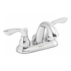 Centerset handle bathroom faucet constructed from brass with polished chrome finish. Features an arc spout and 1.2 gpm flow rate. Includes pop-up drain with lift rod. Suitable for residential and commercial bathroom sinks.