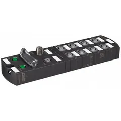 This IO-Link master provides 8 digital inputs and 8 digital outputs for connecting sensors and actuators in industrial automation. It operates at 24V DC with COM1 transmission type and features IP67 protection for use in harsh environments. The device uses a 5-pole A-coded M12 connector for electrical connection.