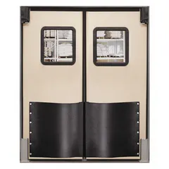 Two-door insulated swinging door with beige polyethylene construction and a polycarbonate window. Includes door seals, bumpers, and mounting hardware. NSF certified. Suitable for use in temperature-controlled environments such as food processing and cold storage facilities.