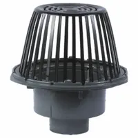 Cast iron primary roof drain with a self-locking plastic dome. No-hub connection for 3 in nominal pipe size. Overall height 12 1/2 in. Used to remove rainwater from flat or low-slope roofs in commercial and industrial buildings