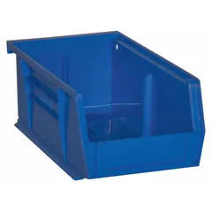This hang and stack bin is designed for organizing and storing small components in industrial environments. Its design allows for placement on louvered panels or stacking on workbenches, facilitating efficient workspace organization and inventory management.