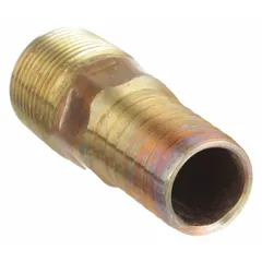 This red brass rigid barbed hose fitting connects 2 in hose I.D. to an NPT threaded port. It features a male hose barb by male NPT connection with a hex nipple grip for wrench tightening. Suitable for air, water, and chemical service in industrial fluid handling systems.