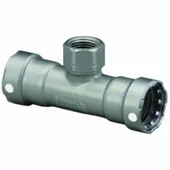 Carbon steel press tee fitting with 1-1/2 x 1-1/2 x 3/4 inch pipe sizes. Connects three pipes in a T-branch configuration using press-connect technology, eliminating threading or welding. Suitable for industrial plumbing, HVAC, and fire protection systems.