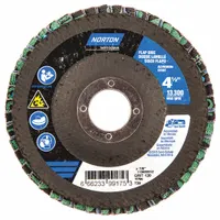 This flap disc is designed for grinding, blending, and finishing all metals. It features zirconia alumina grain on a fiberglass backing with standard density, suitable for heavy stock removal on steel and alloys. The 7/8 in connector size fits standard angle grinders