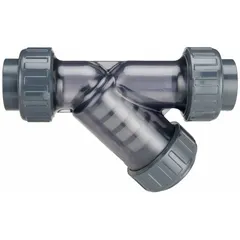 This PVC Y strainer features a socket connection and a 0.0331-inch mesh screen made of PVC, with an EPDM seal. It measures 12 1/2 inches in height and 23 1/2 inches in length. Used for removing debris from fluid pipelines in applications such as chemical processing, water treatment, and HVAC systems.