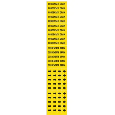 BRADY Pipe Marker: Condensate Drain, Yellow, Black, Fits 3/4 in and Smaller Pipe O.D. - Condensate Drain Adhesive Pipe Markers