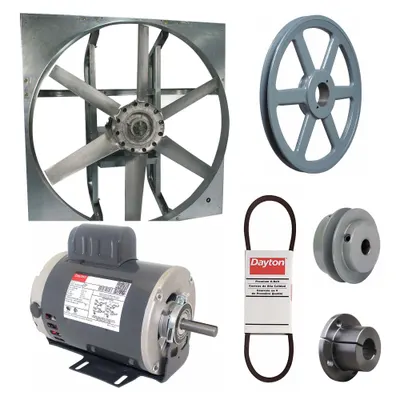 Dayton Exhaust Fan with Drive Package: Belt Drive, 36 in Blade, 3/4 hp, 14,345 cfm - Belt-Drive Panel Exhaust Fans with Drive Package