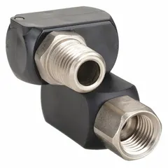 Double-pivot air line fitting with 1/4 in NPT male inlet and 1/4 in NPT female outlet. Used in compressed air systems to allow flexible positioning of hoses or tools where movement or alignment adjustments are needed.