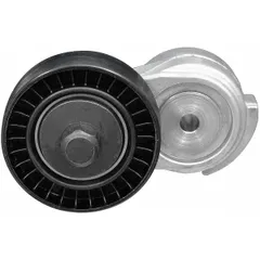 Self-adjusting belt tensioner with 1 pulley, 2 1/2 in outside diameter. Automatically maintains proper tension on serpentine or accessory drive belts to prevent slippage and reduce wear on pulleys and belt-driven components.