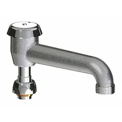 This single-bend faucet spout is constructed of brass with a polished chrome finish. It features a swivel design and laminar flow outlet. Includes mounting hardware. Suitable for commercial or institutional settings requiring a durable swivel spout.