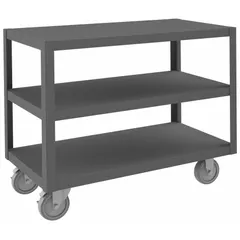 This steel-top mobile worktable has a 36 in x 18 in powder-coated top and a welded frame with powder-coated finish. It includes a vice support shelf and four phenolic casters with plate mounts. The fixed-height unit supports up to 1,200 lb and is fully assembled. Typical applications include industrial workstations, assembly lines, and maintenance areas.