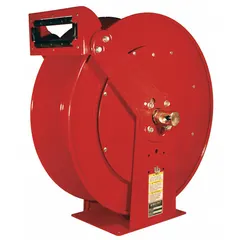 Gas spring-return hose reel with 50 ft capacity for 1 in I.D. hose, rated to 500 psi maximum operating pressure. Constructed with nickel plated steel swivel and red reel. Overall dimensions: 24 in L x 15-11/16 in W x 25-5/16 in H. Suitable for air, water, or oil dispensing in industrial settings.